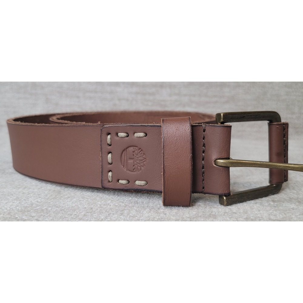 Timberland Mens Size 32 Brown Genuine Leather Belt Contrast Stitch Brass Buckle - Picture 8 of 9